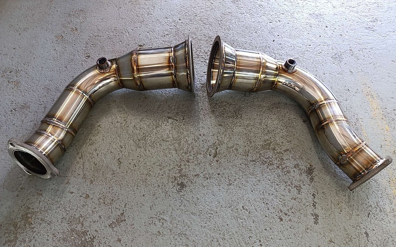 Pair of custom TIG-welded stainless downpipes