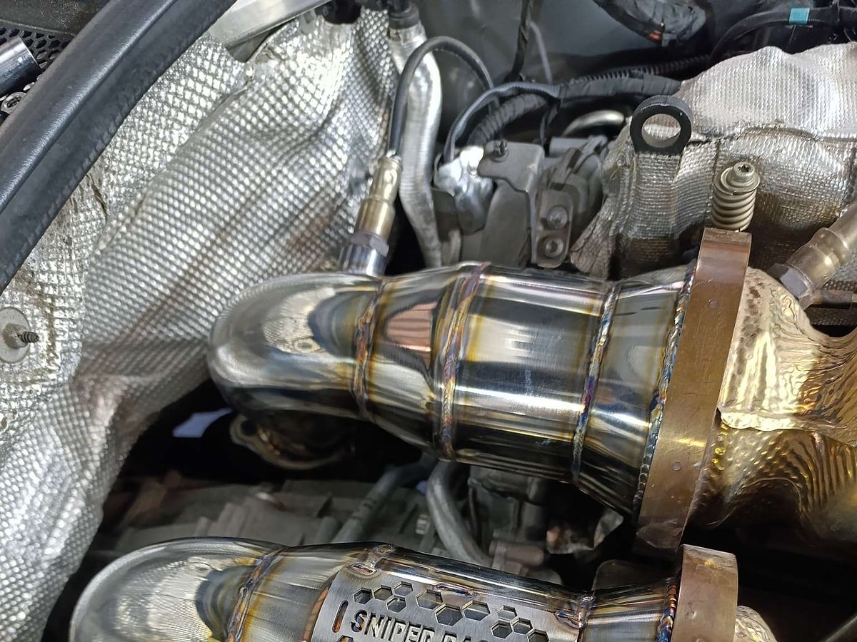 Custom twin stainless high-flow downpipes by SNIPER Racing
